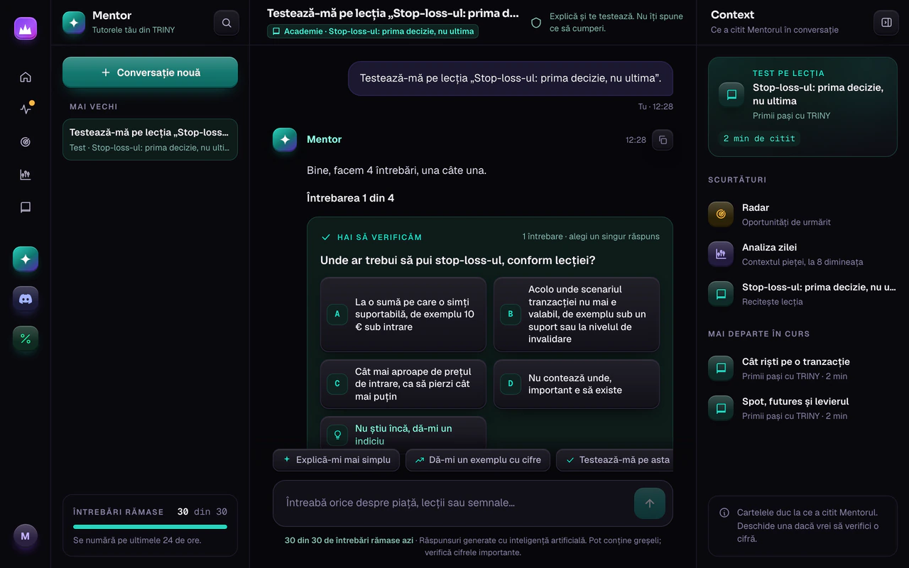 Mentorul AI pe desktop: un test pe lecția despre stop-loss, cu întrebarea și variantele de răspuns
