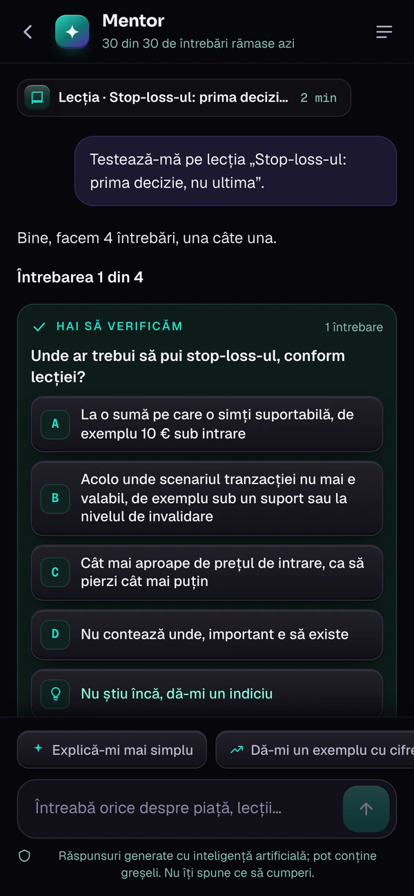 Mentorul AI pe telefon: un test pe lecția despre stop-loss