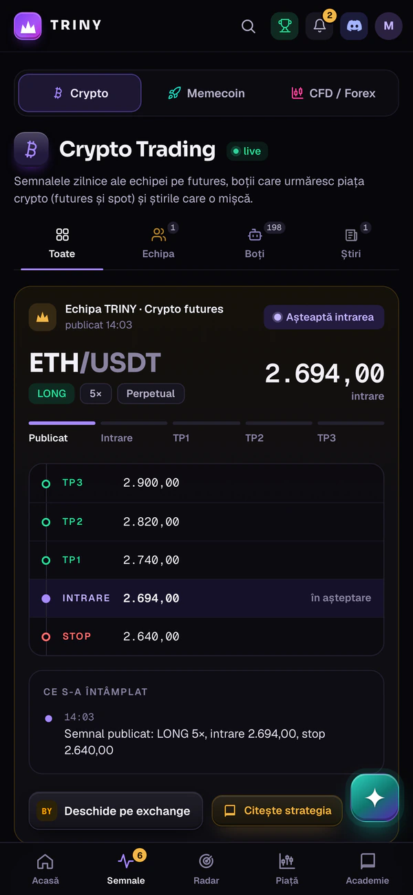 Ecranul Semnale pe telefon: zona Crypto, cu un semnal al echipei: intrarea, țintele, stopul și butonul de exchange